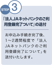 STEP3 「法人JAネットバンクのご利用登録完了ついて」等の送付 お申込み手続き完了後、1～2週間程度で「法人JAネットバンクのご利用登録完了について」を送付いたします。